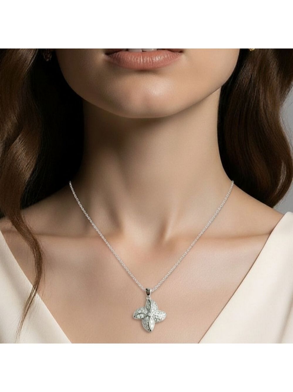 Sterling Silver CZ plumeria flower  pendant necklace 🆕